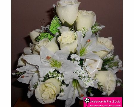 ABSOLUTELY SILK WHITE ARTIFICIAL FRONT FACING SILK FLOWER ARRANGEMENT POSY FOR GRAVE OR FUNERAL