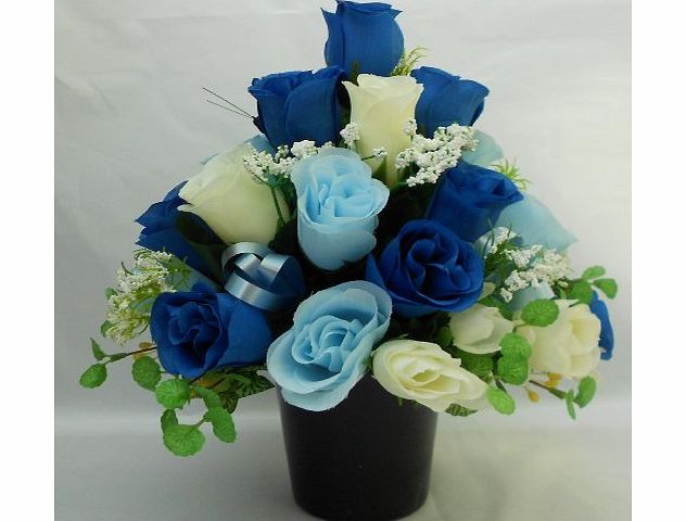 ABSOLUTELY SILK WHITE LIGHT BLUE ROYAL BLUE ALL ROUND SILK FLOWER ARRANGEMENT POSY FOR GRAVE OR FUNERAL