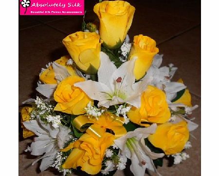 ABSOLUTELY SILK YELLOW AND WHITE ARTIFICIAL FRONT FACING SILK FLOWER ARRANGEMENT POSY FOR GRAVE OR FUNERAL