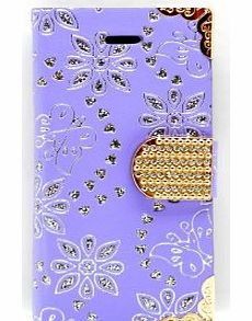 iPhone 5s / 5 Purple Wallet Clutch Purse Butterflies Flowers Credit Bank Card Holder Glitter Bling Diamante Diamands Look All Over Designer Case Accessories Cover