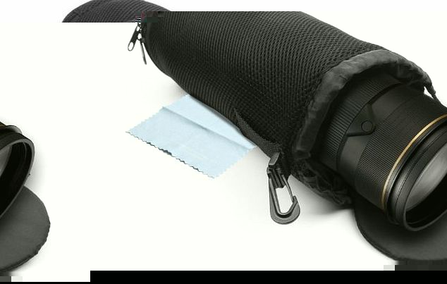 Accessory Genie Professional ShockWEB Telephoto Lens Pouch Bag w/ Drawstring amp; 2 Filter Compartments for Canon , Nikon , Panasonic , Olympus amp; More Digital SLR Camera Lenses - *Bonus Microfiber Cloth*