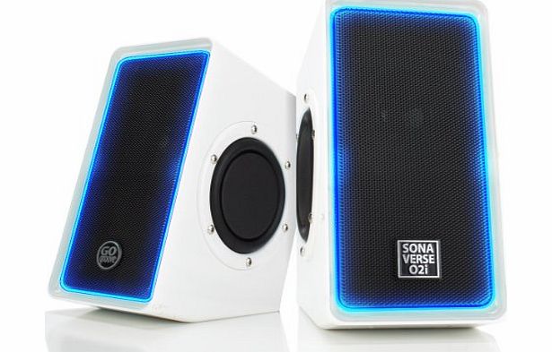 GOgroove SonaVERSE O2i 2.0 USB Computer Multimedia Stereo Speaker Set with Blue Glowing LED Lights , Dual Passive Woofers amp; Volume Controls for Laptop amp; Desktop Computers- Works with PC , Appl