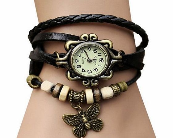 AccessoryStation Black Butterfly Vintage Trial Order New Quartz Fashion Weave Wrap Around Leather Bracelet Lady Woman