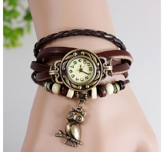 Brown Women Ladies Cute Owl Pendant Weave Leather Belt Vintage Bracelet Watch