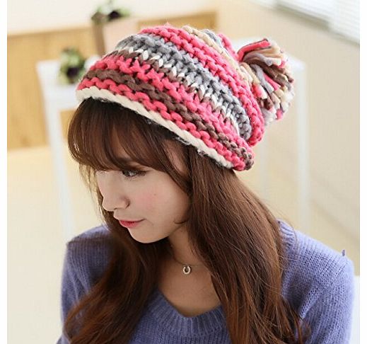 Fashion Winter Women Lady Warm Knitting Cotton with Colorful Lines Hat Ski Knitted Beanies Wool Hat Cap-Pink&Brown