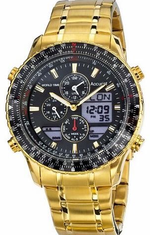 Accurist Mens Quartz Watch with Black Dial Analogue - Digital Display and Gold Stainless Steel Plated Bracele