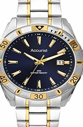 Accurist Mens Quartz Watch with Blue Dial Analogue Display and Two Tone Stainless Steel Gold Plated Bracelet 