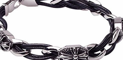 Adisaer Mens Titanium Stainless Steel Leather Rope Bracelet Vintage Flower Bracelet Length 23 CM Black