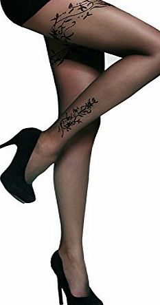 Adrian Isabelle `` Ladies Mock Suspender Fancy Patterned Tights 20 Denier by Adrian (3 / M, Black)
