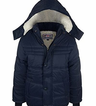 Boys School Jacket Winter Padded Navy Black Fur Hooded New Coat Size 3-14 years (7-8 years, Navy)
