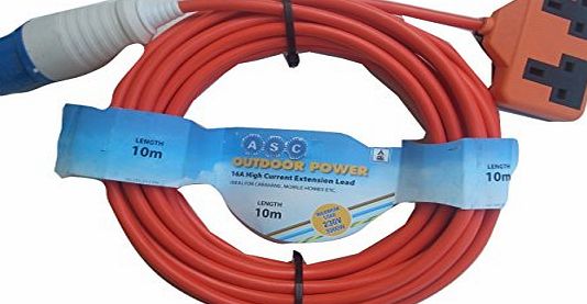 Aerials, Satellites and Cables Ltd 10m Caravan or Camping Mains Hook Up Cable 16 Amp Ceeform Plug to 13 Amp Double Socket Arctic Cable in Orange