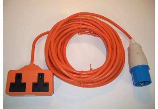 5m Caravan or Camping Mains Hook Up Cable 16 Amp Ceeform Plug to 13 Amp Double Socket Arctic Cable in Orange