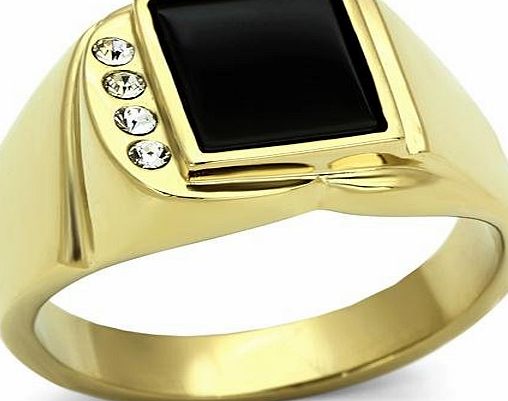 Ah! Jewellery Mens Genuine Black ONYX 24k Gold Over Stainless Steel Ring Accented with 4 Brilliant Round Crystals. 10.8mm Centre Stone. 7.1gr. Outstanding Quality.