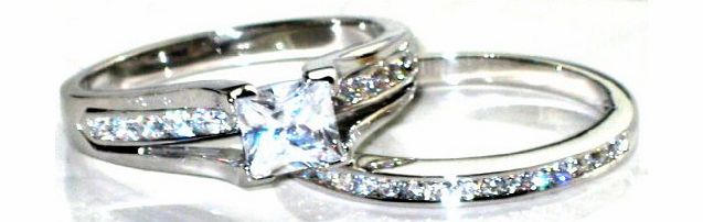 Princess Cut 6mm Finest Lab Diamonds Ring and Half Eternity Channel Set Band. Outstanding Quality Engagement Wedding Set. Rhodium Electroplated.