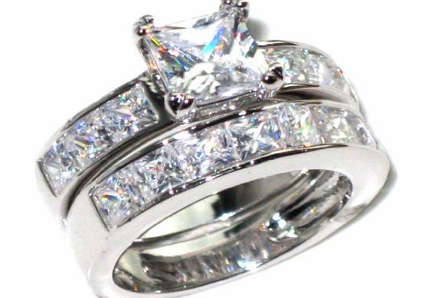 Stainless Steel Never Tarnish Flawless Lab Diamonds Princess Cut Ring And Band Set (7.29g). Stamped. Luxury suede pouch included.