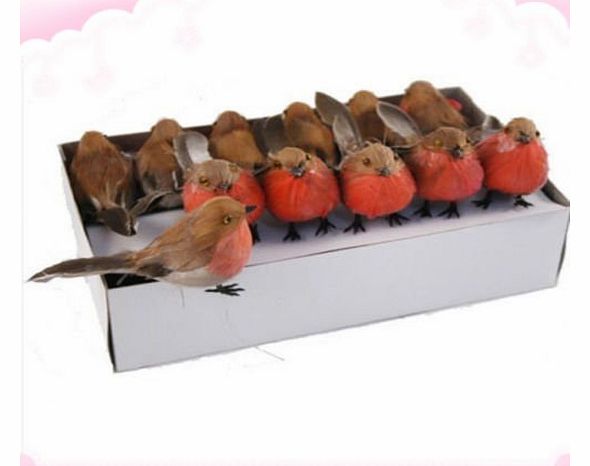 Artificial Christmas Robins feather birds. Box of 12 wired feet 10cm craft