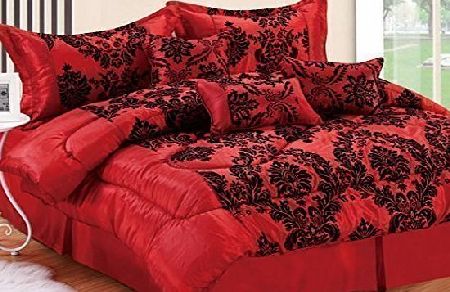 AHOC New Luxury 7Pcs Red Flocked Jacquard Quilted Bed Spread / Comforter Set / King Size Red And Black Red Flocked Jacquard AAA Quality 7 Piece Bedding Set Quilted Bedspread Modern 7 Pieces Red Flocked Jac