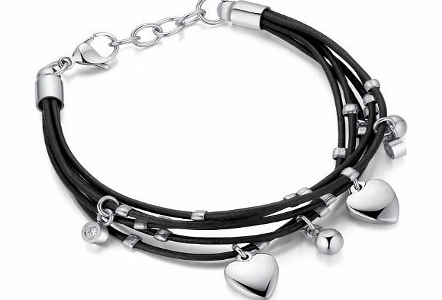 AI Stainless Steel Jewelry Leather and Stainless Steel W. Heart and Cubic Zirconia CZ Womens Bracelet (Black and Silver Color) G6022MY3