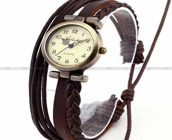 Ailisha Fashion Stylish Woman Slim Weave Wrap Around Brown Leather Retro Bracelet Watch WAA262