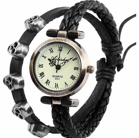 Ladies Women Weave Wrap Black Leather Skull Wing Bracelet Quartz Watch