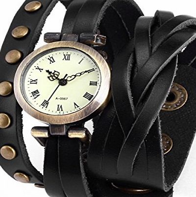 Lady Women Wrap Around Bracelet Black Long Leather Quartz Watch WAA340