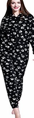 Airee Fairee Ladies Womens Hooded Warm Plush Fleece Onesie All in One Jumpsuit playsuit Nightwear Paw Print (MEDIUM(UK12/14), BLACK-WHITE PAW)