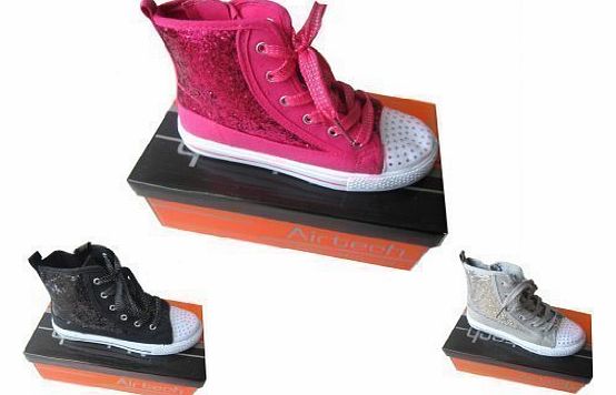 Airtech Canvas High Top Boots/Pumps Airtech High Top Trainers Glitter/Sparkly UK10-UK2 (UK 12 Kids / Euro 30, Silver)