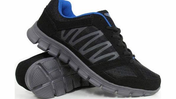 Airtech Mens Running Trainers Boys Gym Walking Shock Absorbing Sports Active Fitness Shoes Size (MENS UK 10, Black / Grey / Blue)