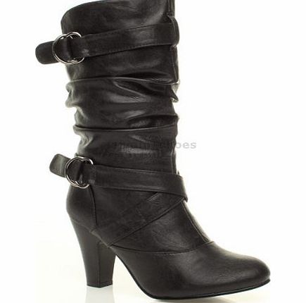 Ajvani WOMENS LADIES BUCKLE MID HEEL ZIP CALF BOOTS SIZE 5 38