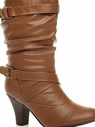 Ajvani WOMENS LADIES BUCKLE MID HEEL ZIP CALF BOOTS SIZE 6 39
