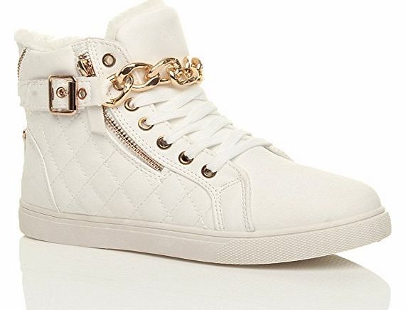 Ajvani WOMENS LADIES GOLD CHAIN STRAP LACE UP QUILTED HI TOP PUMPS TRAINERS SIZE 4 37
