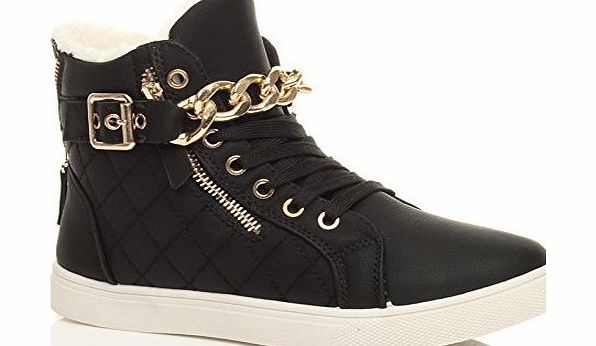 Ajvani WOMENS LADIES GOLD CHAIN STRAP LACE UP QUILTED HI TOP PUMPS TRAINERS SIZE 5 38