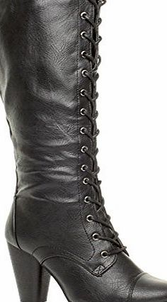 Ajvani WOMENS LADIES HIGH CHUNKY HEEL LACE UP CALF KNEE MILITARY BIKER BOOTS SIZE 6 39