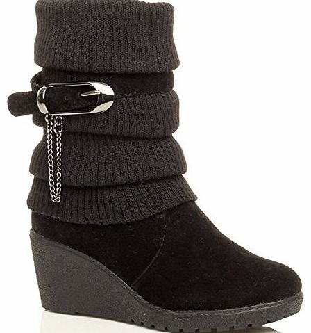 Ajvani WOMENS LADIES MID HEEL WEDGE KNITTED COLLAR SLOUCH BUCKLE ANKLE BOOTS SIZE 4 37