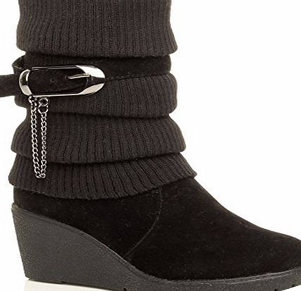Ajvani WOMENS LADIES MID HEEL WEDGE KNITTED COLLAR SLOUCH BUCKLE ANKLE BOOTS SIZE 5 38