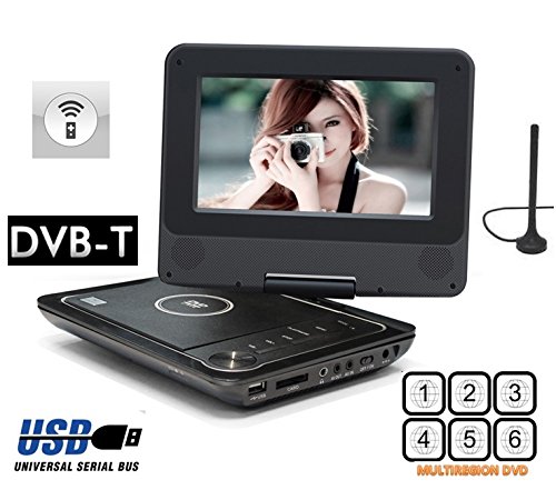  Multiregion 7`` Portable DVD AKDXP720DT with DIGITAL TV - USB and SD input -BUILT IN RECHARGEABLE BATTERY -Remote Control -Car Adapter - In Black -