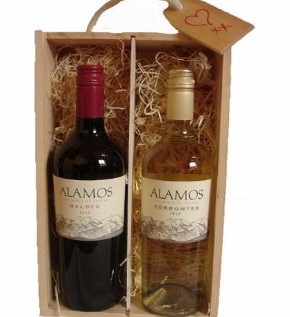 Alamos Torrontes and Alamos Malbec In a Wooden Pine Gift Box