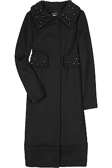 Black single-breasted cashmere blend coat with bead embellishment.