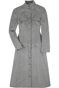 Gray cashmere herringbone coat with removable button fastening skirt piece.
