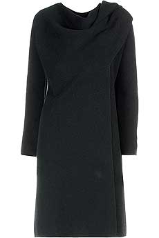 Black cashmere blend heavy knit wrap-coat with scarf detail at neck.