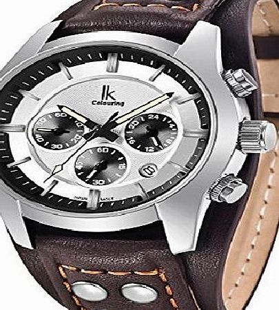 Alienwork Quartz Watch Multi-function Wristwatch vintage sport Leather white brown K008GA-04