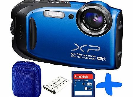 Fuji XP70 Blue Waterproof Digital Camera Bundle + 8GB + Spare Battery+ Allcam Hard Case (Fujifilm XP70 Action Camera, WiFi, 16.4MP, 5x Optical Zoom, Waterproof to 33ft/10m, Shockproof to 5ft/1.5m, Ful
