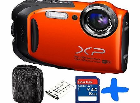 Fuji XP70 Orange Waterproof Digital Camera Bundle + 8GB + Spare Battery+ Allcam Hard Case (Fujifilm XP70 Action Camera, WiFi, 16.4MP, 5x Optical Zoom, Waterproof to 33ft/10m, Shockproof to 5ft/1.5m, F