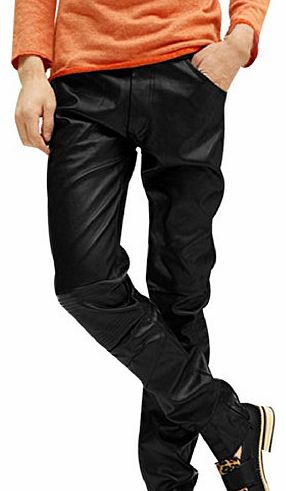 Allegra K Men Slant Pockets Front Zip Fly Slim Faux Leather Pants Black W31