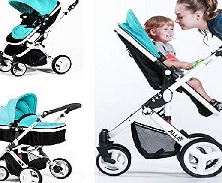 Allis Baby Pram Pushchair Buggy Stroller Carry Cot Travel 2in1 Turquoise