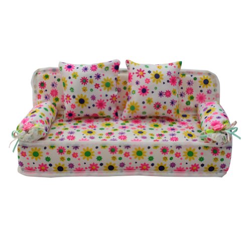 Lovely Miniature Furniture Flower Print Sofa Couch With 2 Cushions For Barbie