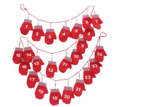 ALSS Red & White Christmas Advent Calendar Washing Line With Numbered Knitted Mittens - Gloves for 1t