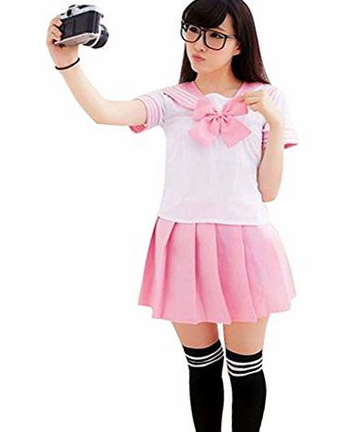 Japanese School Uniform Dress Cosplay Costume Anime Girl Lady Lolita (Pink)