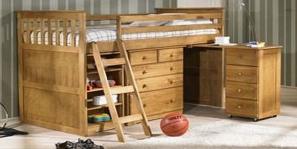 Amani Furniture 30 Mid Sleeper with 3 2 Chest. Desk, 4 Drawers, Bookcase and Ladder