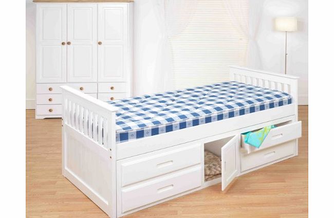Amani International Ltd Cloudseller 3ft Single Captain Cabin Storage Solid Pine Wooden Bed Bedframe - White amp; Pine Finish